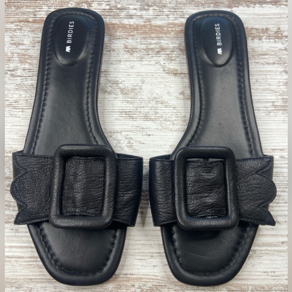 Birdies  The Kiwi Putyin Slide Sandal Large Buckle Leather - Size 8.5 Black